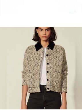 Sandro Jazy Contrast Collar Wool-Lurex Tweed Jacket , NWT
